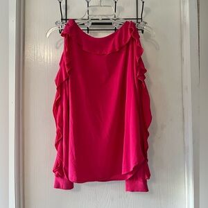 Ann Taylor Vibrant Pink Ruffle Blouse with Cut-Out Shoulders